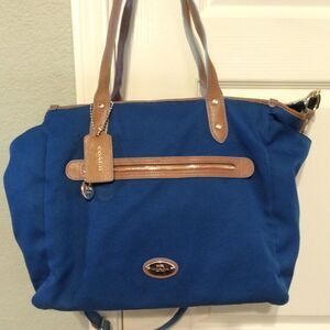 COACH Sawyer Rare Mineral Blue Canvas Travel Large Tote Shoulder Bag $495
